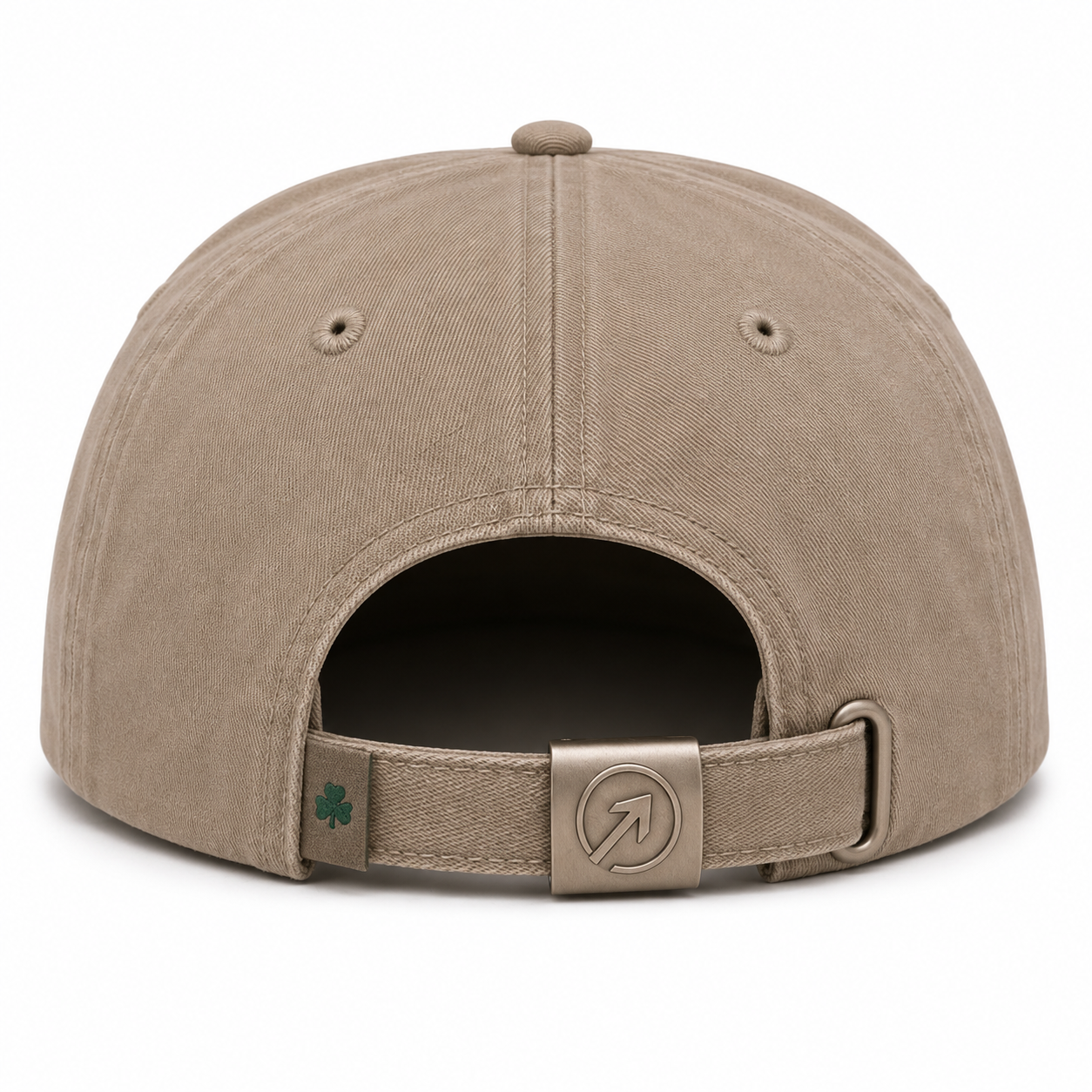Oatmeal & Clover cap — back view with clover tag and metal arrow buckle.