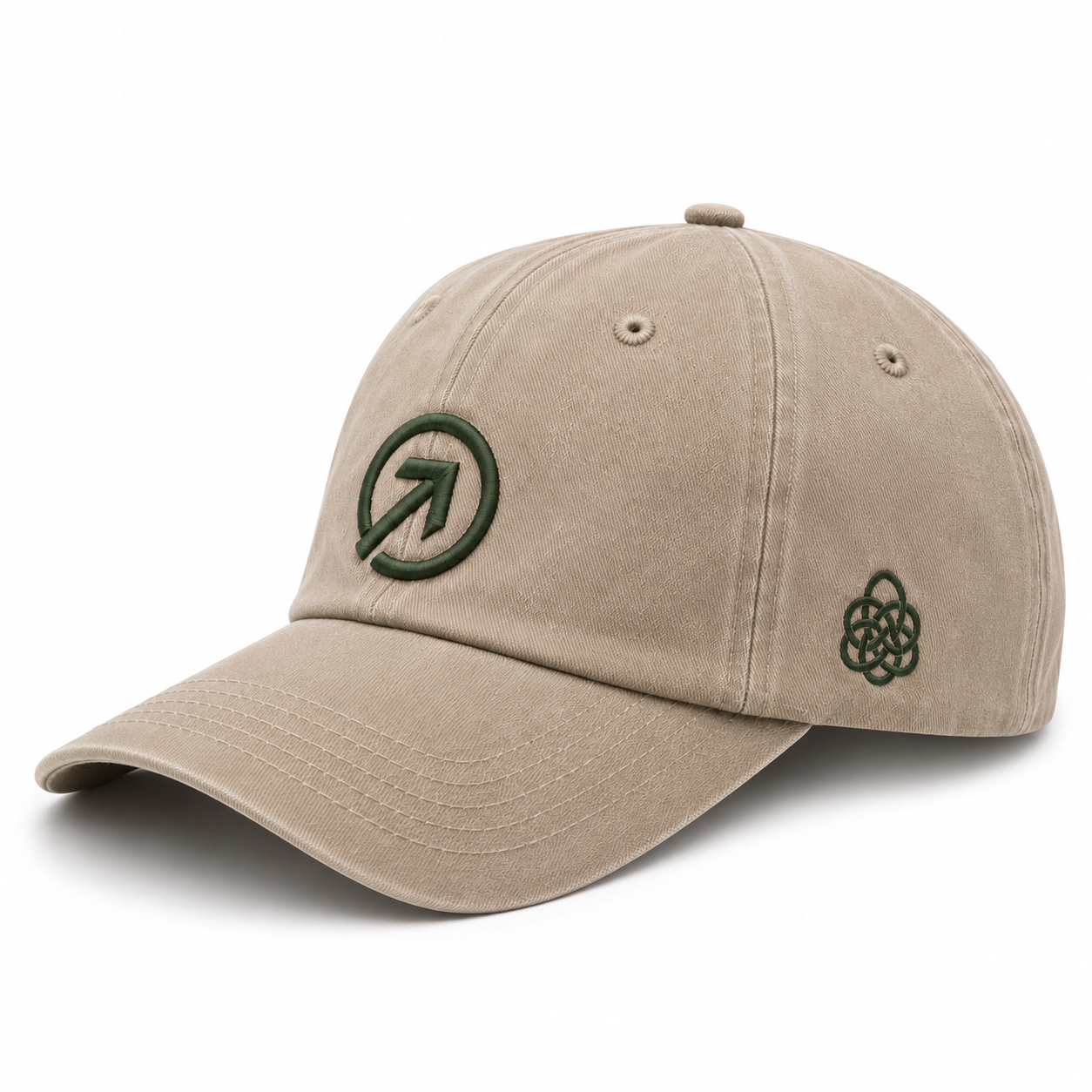 Oatmeal & Clover cap — side view showing emerald Celtic knot embroidery.