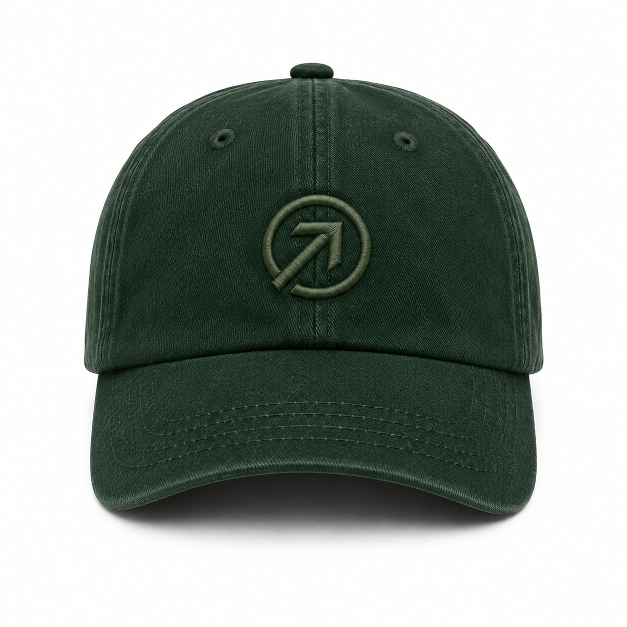 OneFaze St. Patrick Edition Emerald cap — front view with tonal embroidered arrow-in-circle monogram.