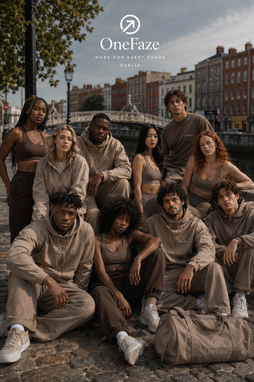 OneFaze campaign group portrait by the Ha'penny Bridge in Dublin, wearing taupe and brown activewear