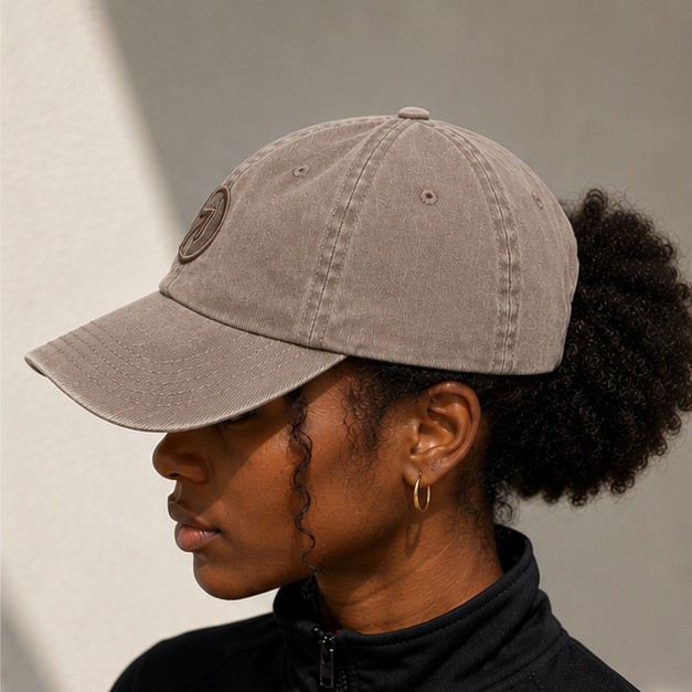 OneFaze Heritage Washed Cap in taupe worn in soft natural light