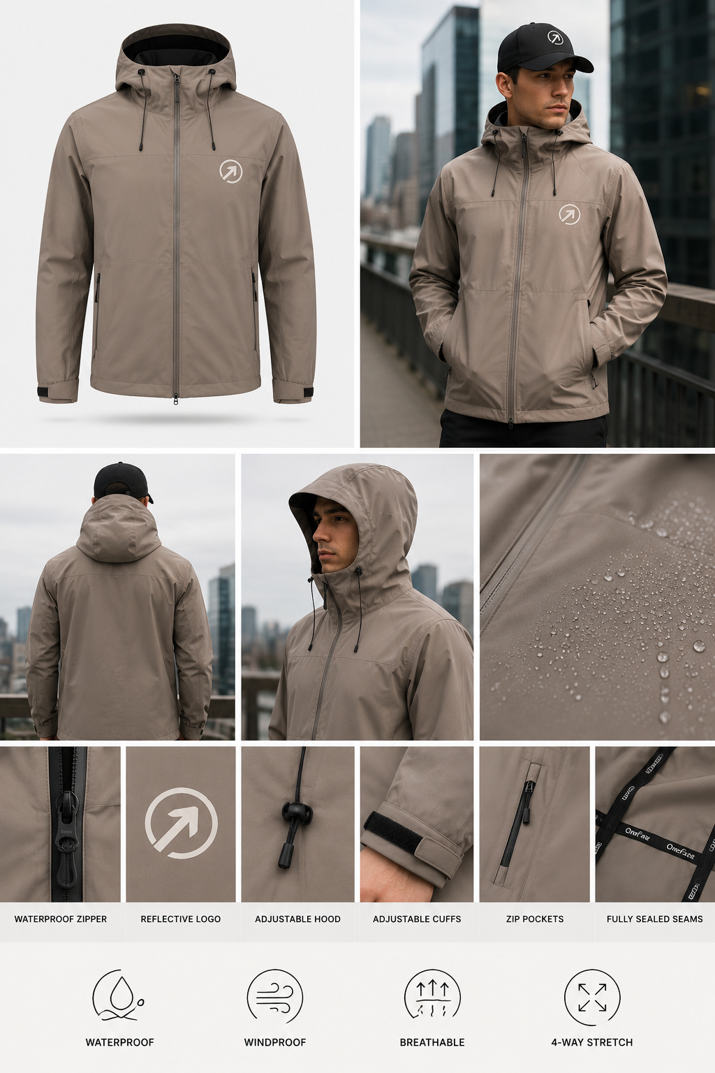 OneFaze waterproof shell jacket in taupe — front view, city wear, hood, cuff and sealed seam details