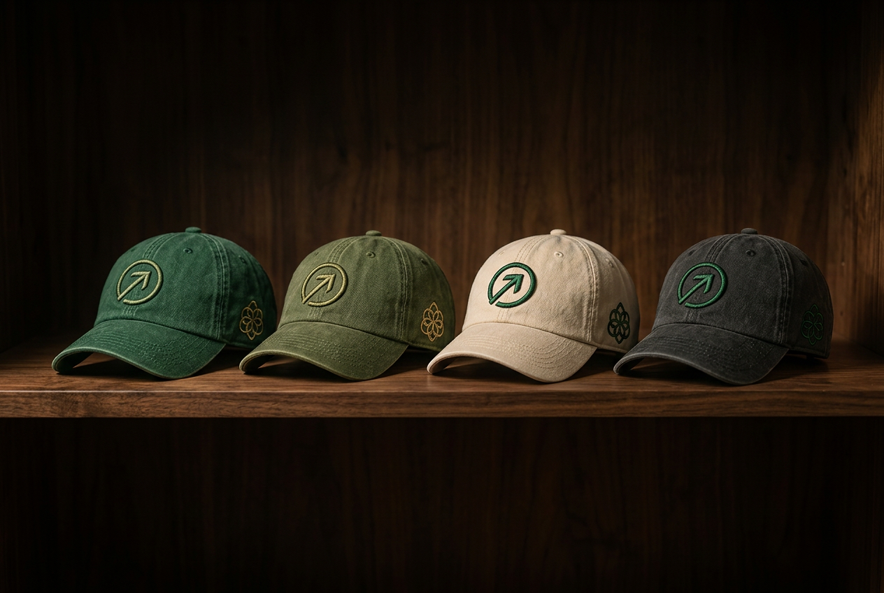 Four OneFaze St. Patrick Edition washed cotton caps lined up on a dark walnut shelf under warm cinematic light — Emerald (hero), Moss Green, Oatmeal & Clover, and Charcoal Dublin — each with a hand-embroidered aged gold arrow-in-circle monogram and a small clover mark.