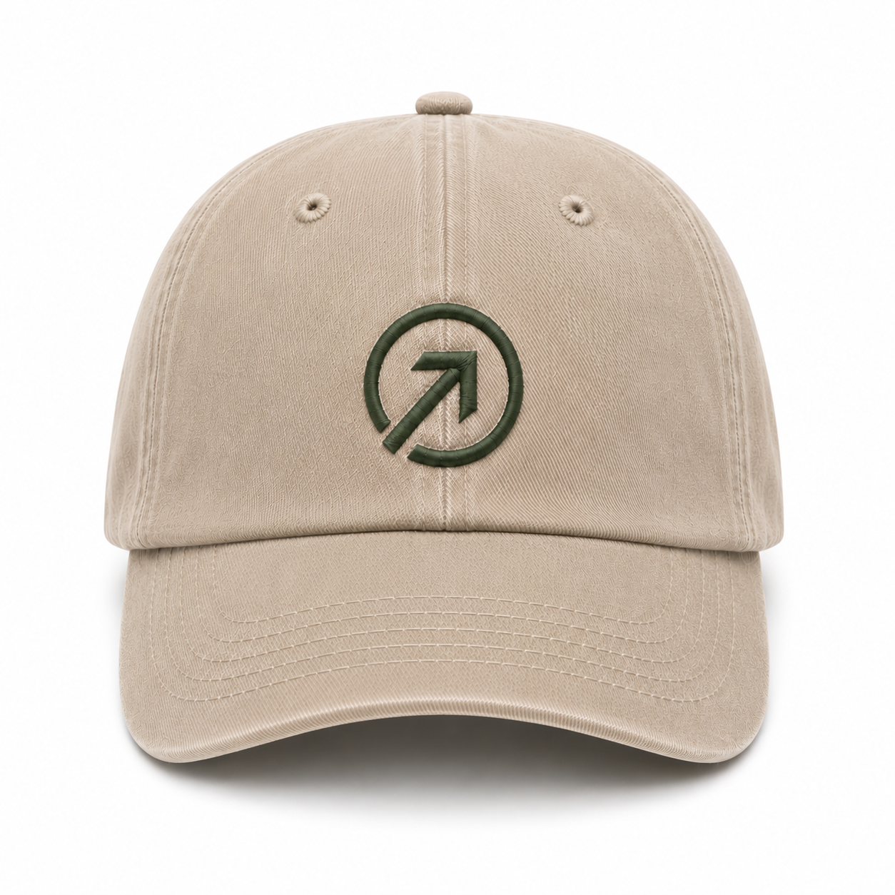 OneFaze St. Patrick Edition Oatmeal & Clover cap — front view with emerald embroidered arrow-in-circle monogram.